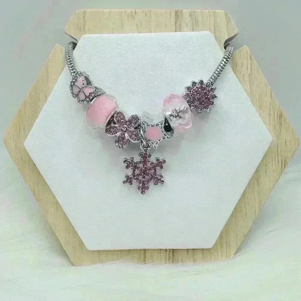 Pink Snowflake & Charms Bracelet with Sparkling Rhinestones